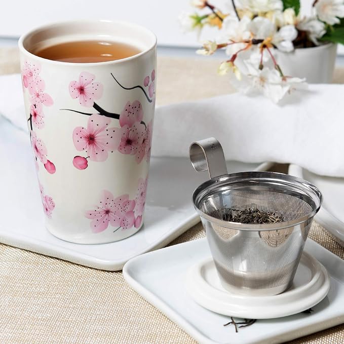 Tea Forte Double-Walled Ceramic Kati Cup, Hanami, 12 oz | Insulated Ceramic - Stainless Steel Loose Leaf Infuser - Keeps Tea Hot Longer - Lid Included - Microwave & Dishwasher Safe