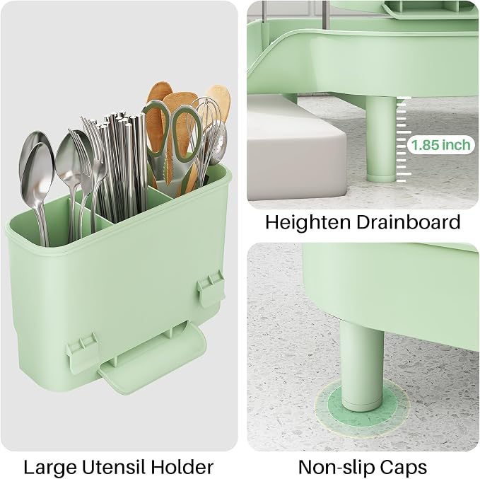 SAYZH Expandable Dish Drying Rack for Small Kitchen Counter, Green | Stainless Steel, Protective Guardrail, Angled Drainboard, Fits High-Rim Sinks, Removable Utensil Holder