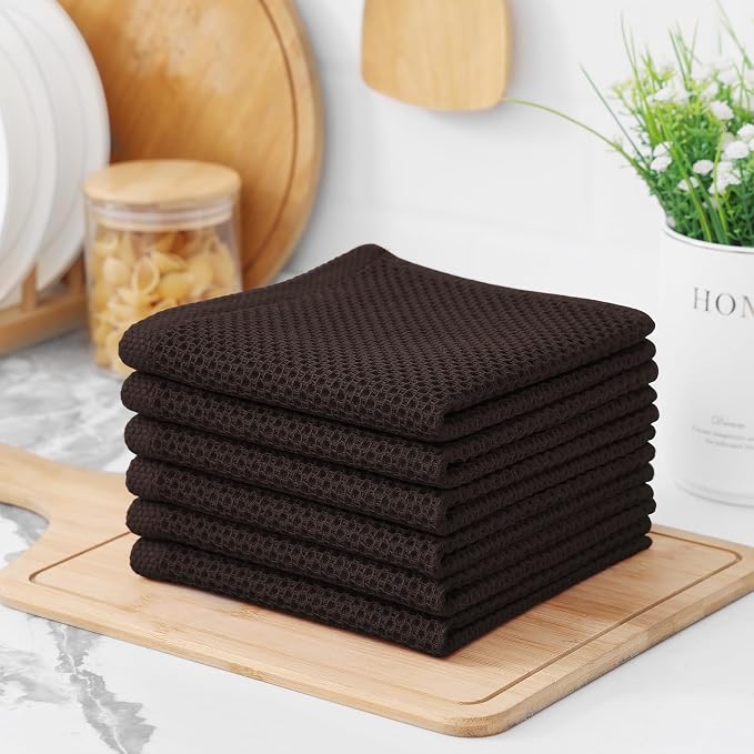Kitinjoy 100% Cotton Waffle 6-Pack Kitchen Towels, 12" x 12", Dark Brown | Ultra Absorbent, Super Soft, lightweight, Quick Drying Dish Rags for Washing Dishes