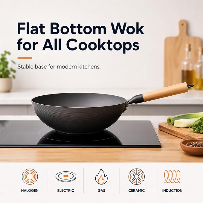 12.6" Carbon Steel Wok Pan, Flat Bottom Stir Fry Wok with Spiral Thread Interior, Coating‑Free Naturally Seasoning Wok, Compatible with Gas, Electric & Induction Cooktops