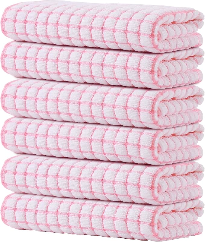 Kitinjoy Cotton 6 Pack Terry Kitchen Towels, Pink | 16 x 25 Inches Super Soft and Absorbent Dish Towels, Quick Drying hand towels for kitchen Drying