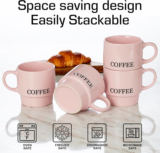 Signature Housewares Stackable Coffee Mug Tower Set with Metal Wire Rack - 15 Ounce Coffee Mugs for Coffee, Tea, Cocoa, Milk, Cappuccino, Hot Chocolate Set of 4 - Pink Coffee