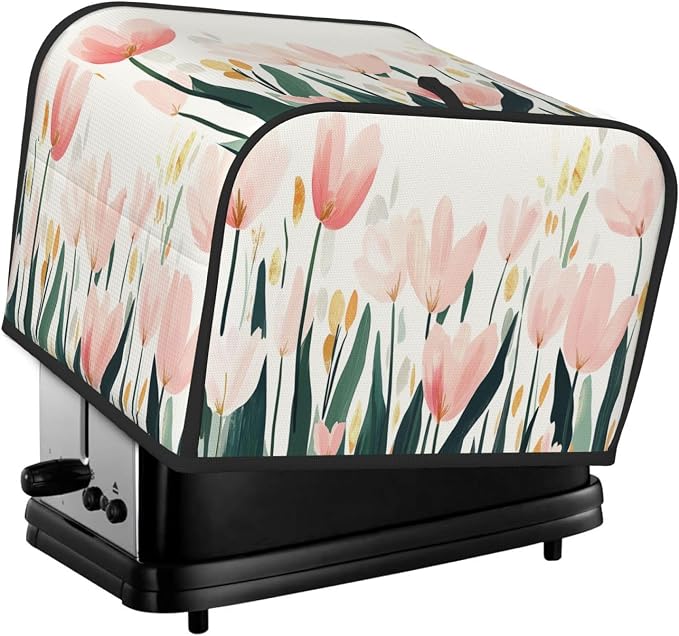 4 Slice Toaster Cover Tulip Flower Watercolor Dust Proof Washable Kitchen Appliance Cover with Pocket, Oxford Fabric Countertop Toaster Protector for Standard Toasters Small Appliances