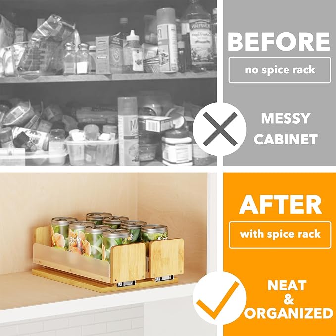 SpaceAid Bamboo Pull Out Spice Rack Organizer for Cabinet, Heavy Duty Slide Out Seasoning Kitchen Pantry Sliding Vertical Organization, 7.3" Wide, 2 Drawers(3" Wide), 1-Tier, Natural
