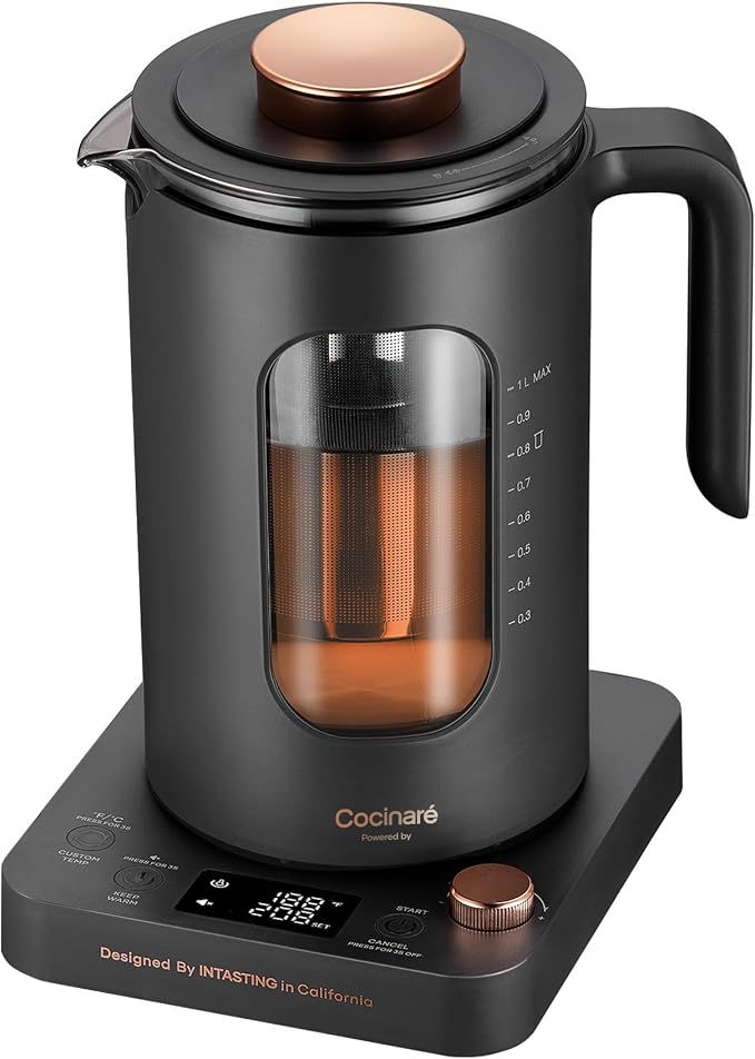 INTASTING Electric Kettle, Electric Tea Kettle with Infuser, 1 Liter | ±1℉ Temperature Control, 1200W Fast Heating, BPA-Free Glass, Easy to Clean, Keep-warm, Auto shut-off, Dark Gray