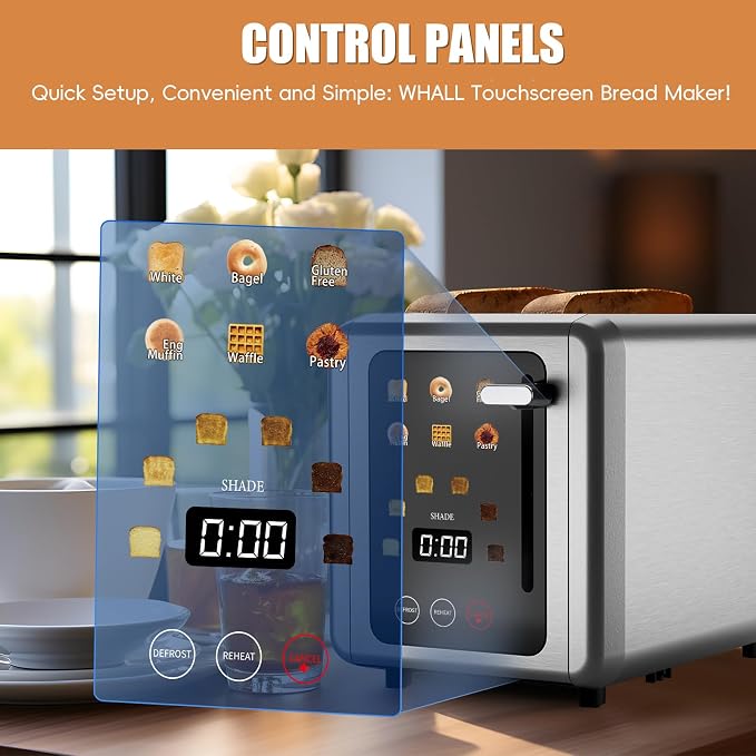 WUNLY 2 Slice Stainless Steel Smart Digital Timer Touch Screen Toaster | 6 Bread Types & 6 Shade Settings,Extra Wide Slots Toaster with Bagel,Defrost & Reheat Functions,Sound Function,Titanium