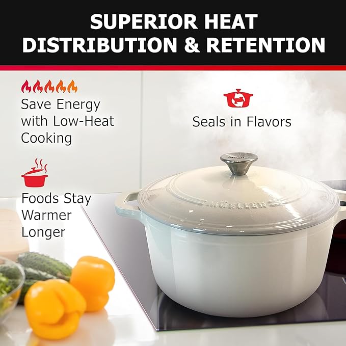 MUELLER HOME 7.5 QT Enameled Cast Iron Dutch Oven, Heavy-Duty Casserole Dish and Braiser Pan with Lid and Stainless Knob, Oven-Safe up to 500° F & Across All Cooktops, Oyster White | Heavy-Duty Casserole Dish and Braiser Pan, Lid with Stainless Knob, O...