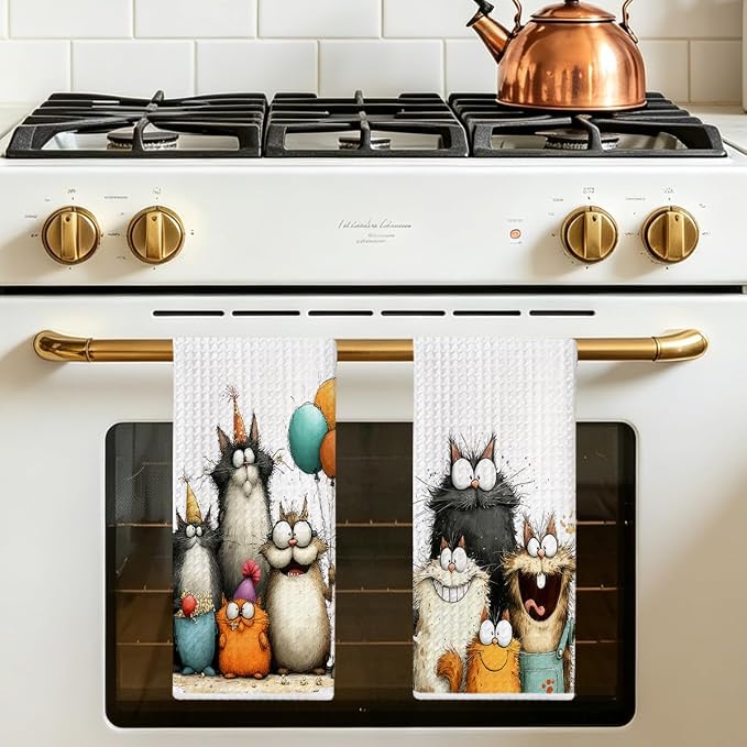 2 Pcs Cute Cat Kitchen Towels, Funny Cats Gifts Absorbent Hand Towels-05 | Cat Dish Cloths for Drying Dishes, Cats Waffle Dish Towels for Kitchen Home Bathroom Decor, Cat Lover Gifts for Women Mom