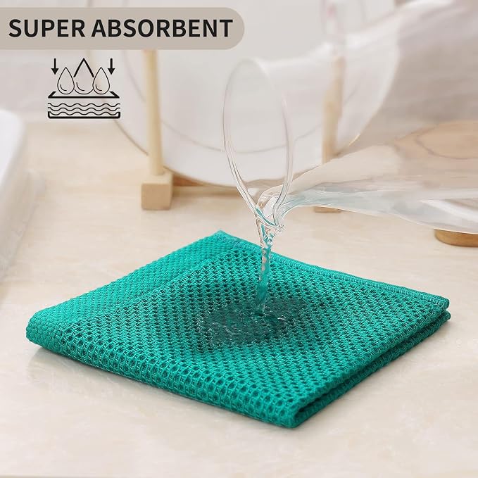 Kitinjoy 100% Cotton Waffle 6-Pack Kitchen Towels, 12" x 12", Teal | Ultra Absorbent, Super Soft, lightweight, Quick Drying Dish Rags for Washing Dishes
