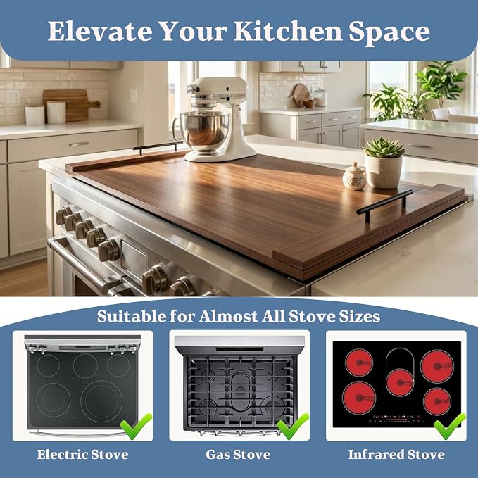 Walnut Finish Stove Top Cover for Gas & Electric Range | 30"x22" Rustic Noodle Board with Handles | RV Kitchen Workspace Saver