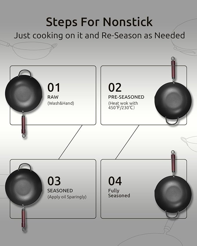 FGJ Wok Pan, Carbon Steel Wok, Woks & Stir-Fry Pans Nonstick, 13 Inch Wok Pan with Wooden Lid, Pre-Seasoned Carbon Steel Cookware, 5.8QT Flat Bottom Chinese Wok Pan, Compatible with All Cooktops