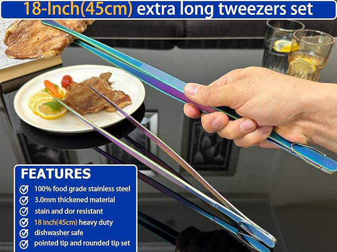 JETKONG 2 Pcs 18 Inch (45cm) Stainless Steel Grill Tongs Heavy Duty Giant Tweezer Tongs, Extra Large Tweezers Tools for Cooking, Grilling, BBQ and Turning Food (Rainbow)