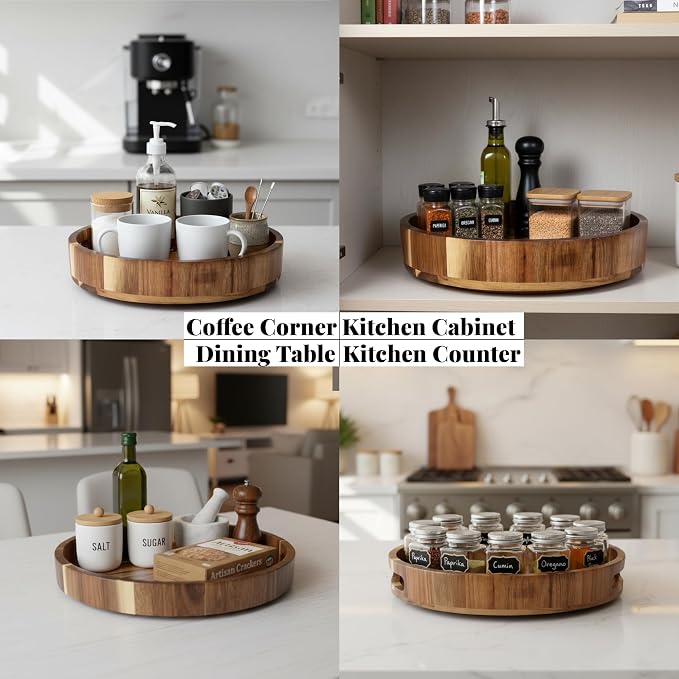 Wooden Lazy Susan for Table Top 12 Inch, Acacia Turntable Spice Organizer
