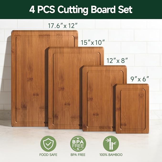 4-Piece Set Deep-Carbonized Bamboo Cutting Board for Kitchen, Carbonized | Crack-Resistant Wood Chopping Boards with Deep Juice Grooves, Pre-Oiled Butcher Block for Meat, Vegetables & Cheese