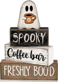 Lineshading 4 Pcs Halloween Coffee Bar Decor Wooden Ghost Block Signs | Farmhouse Tiered Tray Decorations, Rustic Tabletop Home Decor, Spooky Ghost Theme, Stacked Wood Blocks for Kitchen