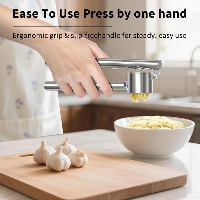 5-in-1 Stainless Steel Garlic Press Set with Jumbo Chamber & Mincer - Heavy Duty Rustproof Garlic Crusher with Ergonomic Handle, Dishwasher Safe, Easy Squeeze Design for Ginger, Nuts, Herbs