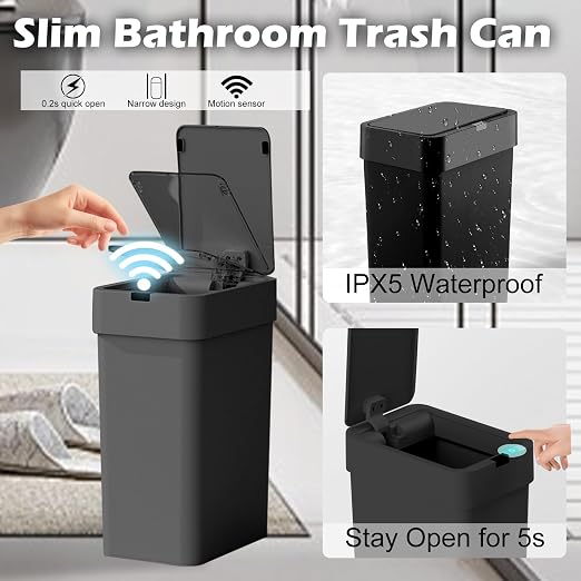 ELPHECO Bathroom Trash Can with Lid,Motion Sensor, 2 Pack Black | Automatic Garbage Can, 2.5 Gallon + 4 Gallon Smart Slim Waterproof Trash Bins for Bedroom, Office, Living Room