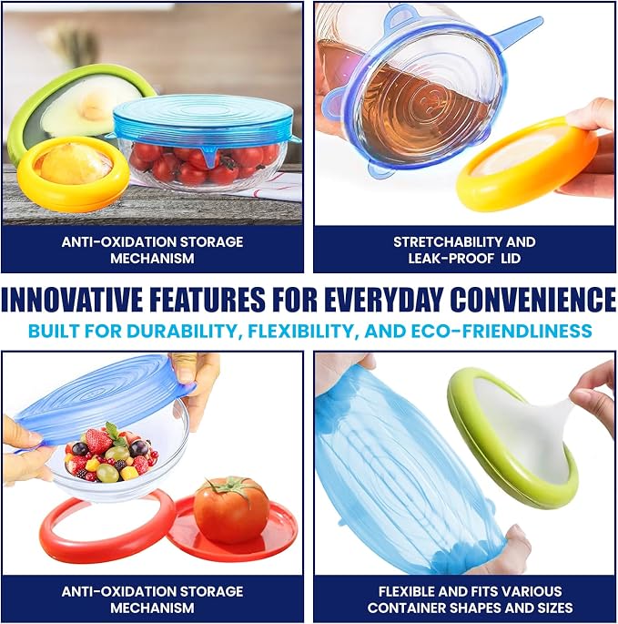 2-in-1 Produce Saver Containers with Silicone Stretch Lids (4 Containers + 6 Lids) – Avocado, Onion, Lemon, Tomato Keeper, Anti-Oxidation Food Storage, Airtight Leakproof Lids for Fridge Organizer