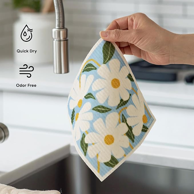 RECYCO Swedish Dishcloths for Kitchen | 5 Pack Daisy Dreams Washable Dish Rags | Cellulose Reusable Cleaning Paper Towels | Absorbent Counter Dish Cloth Sponge Kitchen Wipes, 8" L x 7" W