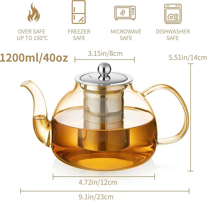 DOPUDO 40OZ (1200ML) Glass Teapot with Infuser Stovetop Safe, Clear Glass Tea Pot Kettle, Borosilicate Tea Pot with Infusers Filter for Loose Tea, Tea Kettle Dishwasher Safe (Champagne)