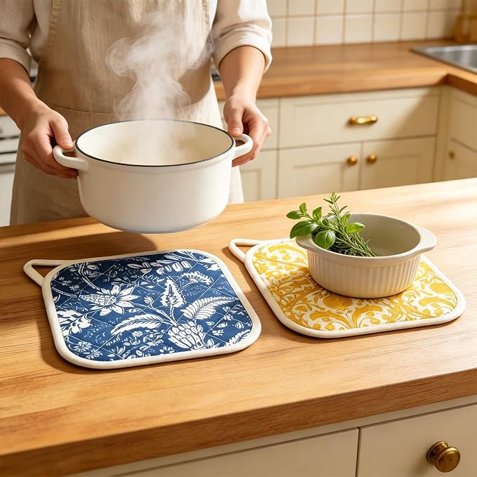 6 Pack Pot Holders 100% Cotton Heat Resistant Potholder, Machine Washable Pot Holder, Hot Pads, Table Pads for Cooking Baking (R)
