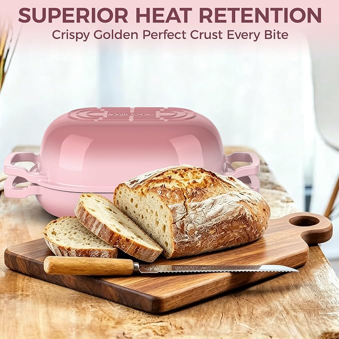 Wildone Enameled Cast Iron Dutch Oven Pot with Lid, Oval Bread Oven | Loaf Cast Iron Bread Pan for Homemade Bread Baking, Meatloaf Pan with Lid, 5.5QT, Pink