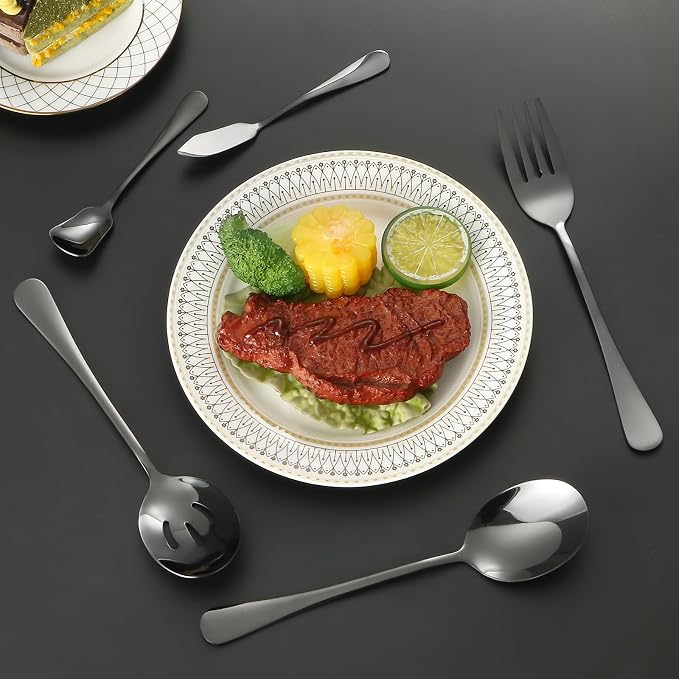 Lazycorner 53 Piece Black Silverware Set for 8, Flatware Set with Steak Knives for 8 and 5 Serving Use Set 18/10 Stainless Steel Serving Utensils Set Cutlery Set For Restaurant Hotel Dishwasher Safe