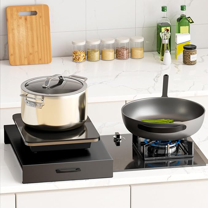 Noodle Board Stove Cover with Handles, Gas Stove Cover Board Carbon Steel Stove Top Covers for Gas and Electric Stove Range Expanding Kitchen Space (Black, 15.7"Lx19.7"Wx2.7"H)