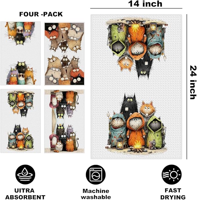 4 Pcs Cute Cat Kitchen Towels, Funny Cats Gifts Absorbent Hand Towels-03 | Cat Dish Cloths for Drying Dishes, Cats Waffle Dish Towels for Kitchen Home Bathroom Decor, Cat Lover Gifts for Women Mom