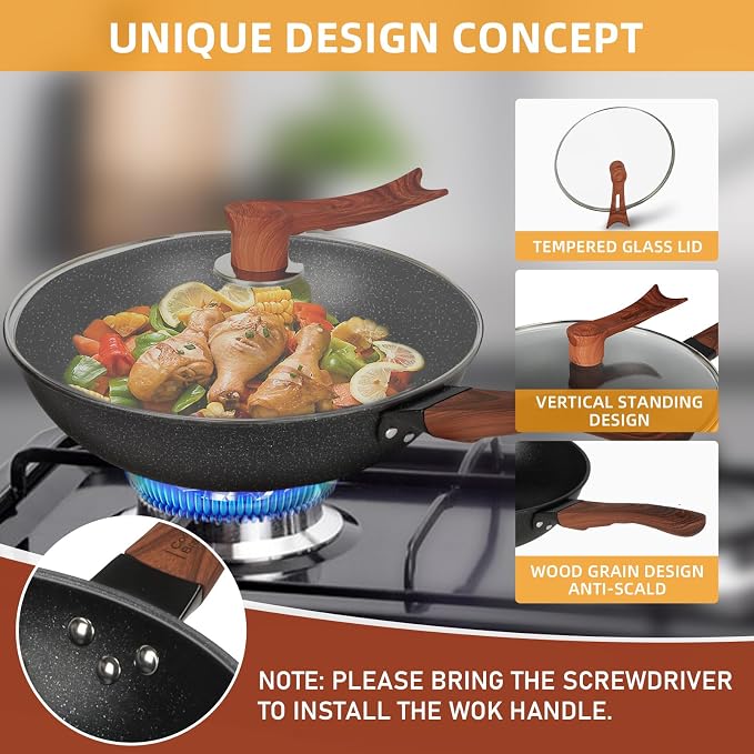 AOSION 13'' Nonstick Wok, Woks & Stir-Fry Pans with Lid and Steamer Basket