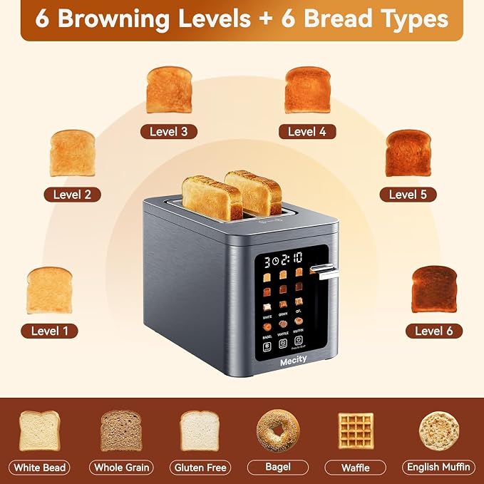 Mecity 2 Slice Toaster Smart Touchscreen, Stainless Steel Wide Slot Toasters Defrost, Reheat, Memory Function, Auto Shutoff, Digital Electric Bread Toaster for Bagel Muffin Waffle, 120V