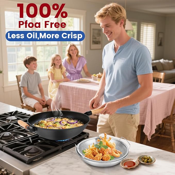 AOSION 13'' Nonstick Wok, Cast Iron Wok with Lid, Wok Pan & Stir-Fry Pans | Chinese Woks Pan With Lid