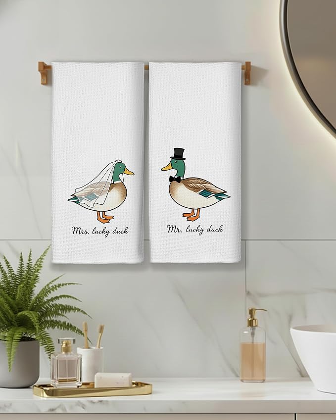 Funny Mallard Duck Mr and Mrs Kitchen Towels, Wedding Gifts for Couples Newlyweds Dish Tea Towels for Kitchen Decor, Just Married Gifts Decorative Hand Towel for Bathroom, 16x24 Inch Set of 2