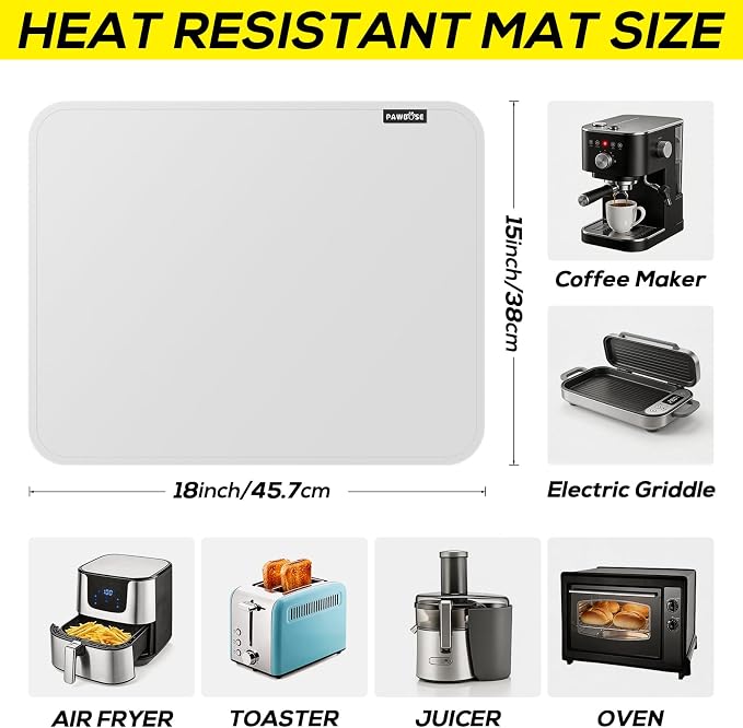 PAWBOSE Heat Resistant Mats for Countertops 15x18 Inch - 1PCS Fireproof Air Fryer Mat, Hot Pad for Ninja, COSORI, Cuisinart, Toaster, Oven & Small Kitchen Appliances - White