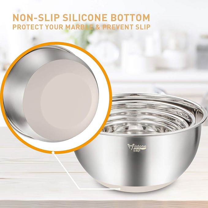 Wildone Mixing Bowls with Airtight Lids Set, 5PCS Stainless Steel Khaki Nesting Bowls for Kitchen, with Grater Attachments & Non-Slip Bottoms, Size 5, 3, 2, 1.5, 0.63 QT, Great for Mixing & Serving