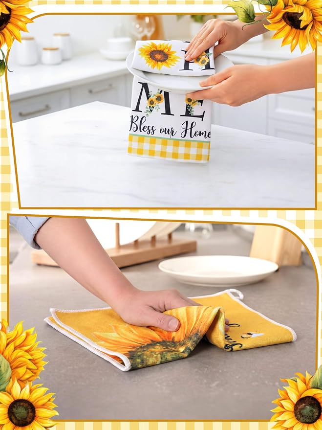 4 Pcs Sunflower Kitchen Towels Yellow and White Hand Dish Towels | Absorbent Sunshine Grid Fast Drying Decor Housewarming Gift for Cooking Bathroom Kitchen Decor