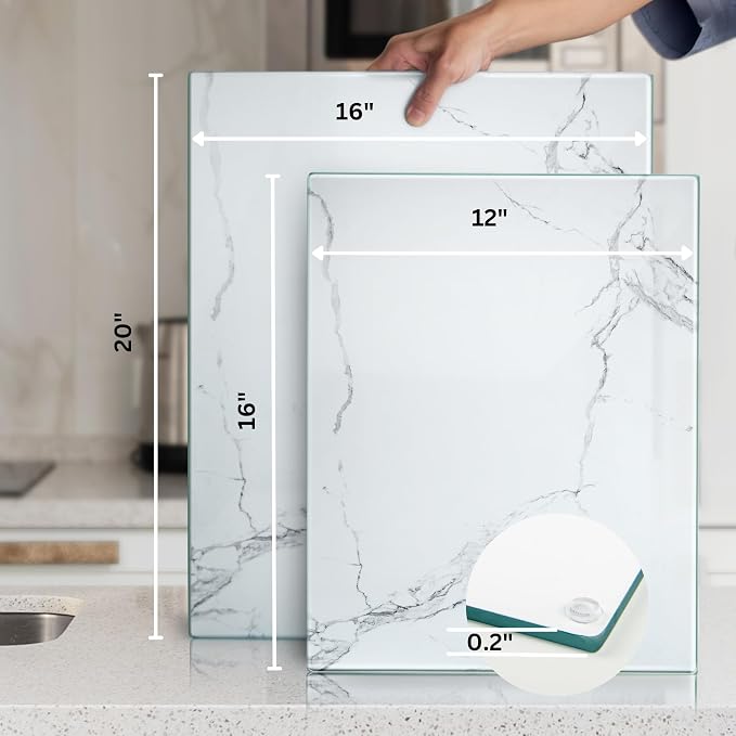Glass Cutting Board 20”x16”: Tempered Glass Kitchen Counter Protector - Durable- Scratch-Resistant, Heat-Proof - Design 2 - White Marble Effect