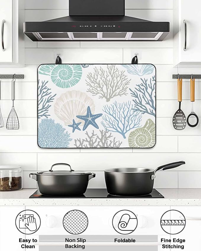 Stove Top Covers for Electric Stove 24x21 Inches, Coastal Coral HeatResistant Glass Cooktop Protector, Blue Nautical Starfish Ocean Shell Beach Ceramic Stovetop Countertop Covers Mat, Oven Cover