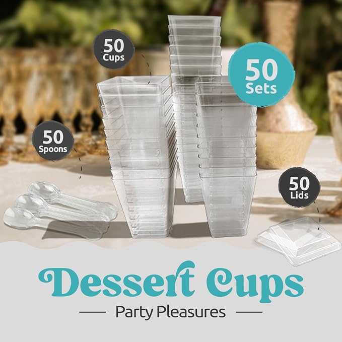 50 Pack 5 oz Dessert Cups with Lids and Spoons, Plastic Parfait | 150 pcs serves 50; disposable clear mini party set for mousse, tiramisu, pudding, appetizer, salad, yogurt, cake, wedding