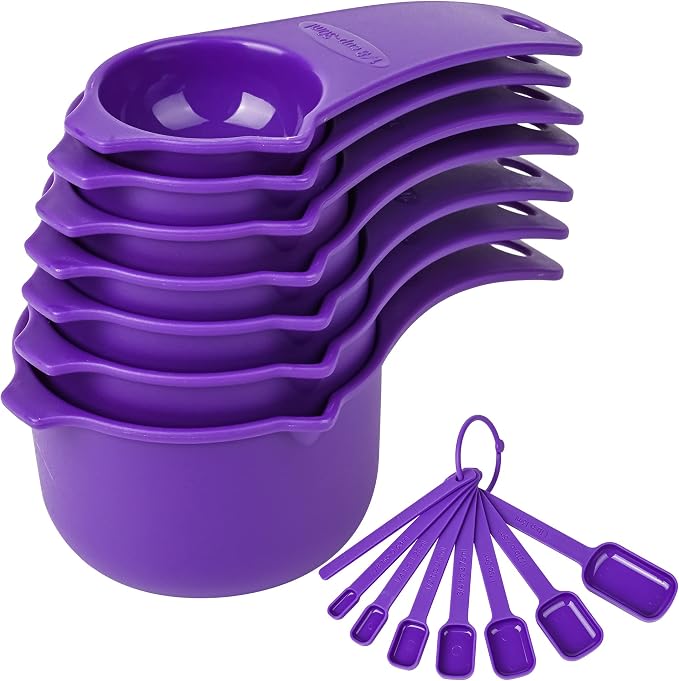 Plastic Measuring Cups and Spoons Set 15, Purple Dry & Liquid 7 Measuring Cups & 7 Measuring Spoons with Leveler, Metric & US Kitchen Measure Cups Spoons for Cooking & Baking