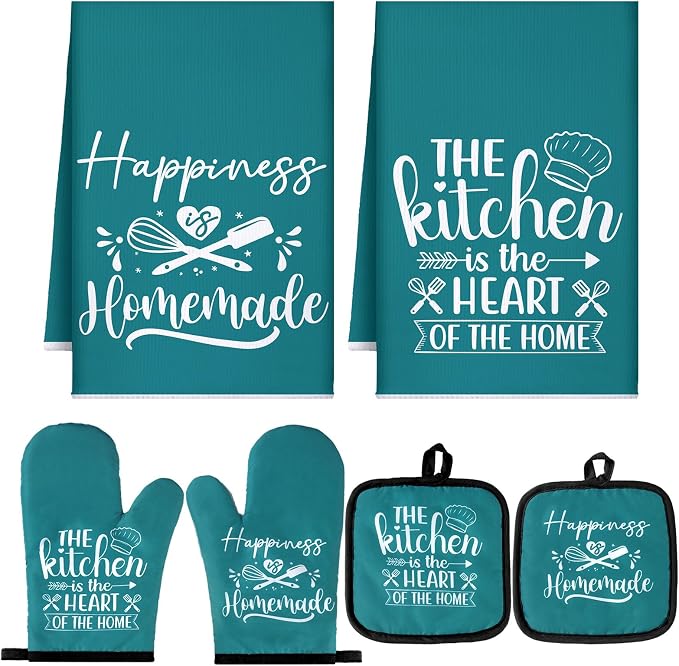 Sratte 6 Pcs Kitchen Decor Accessories Set, Kitchen, Teal | Farmhouse Kitchen Towels Pot Holders Oven Mitts Set 2 Dish Towels 2 Potholders 2 Cooking Mittens for Baking Cooking Supply