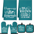 Sratte 6 Pcs Kitchen Decor Accessories Set, Kitchen, Teal | Farmhouse Kitchen Towels Pot Holders Oven Mitts Set 2 Dish Towels 2 Potholders 2 Cooking Mittens for Baking Cooking Supply