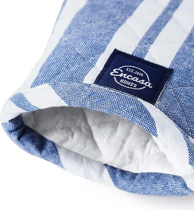 Encasa XO Oven Mitts, Heat Resistant Kitchen Gloves, Microwave | Franca Blue Stripes, 100% Cotton | Diamond Quilted Insulation | Pot Holders | Hanging Loop | Barbecue & Grill | Set of 2