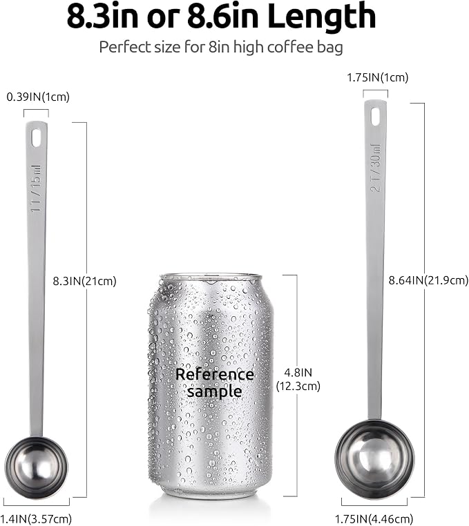 U-Taste Coffee Scoop 1&2 Tablespoon: 18/8 Stainless Steel Measuring Scooper for Ground Coffee, Bean, Powder, Espresso, 6.9in Long Handle Metal Meaure Spoon for Canister, Jar(1&2Tbsp/15&30ml, Silver) | 18/8 Stainless Steel Tablespoon Scoop, Long Metal C...