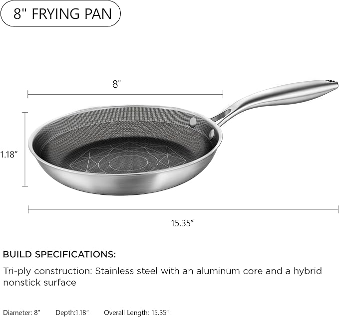 COOKER KING 8-Inch Stainless Steel Pan, Hybrid Nonstick Frying Pan | 3-Ply Clad Cookware, Healthy & Non-Toxic, Dishwasher & Oven Safe, Stay-Cool Handle, Induction Compatible – Metal Utensil Safe