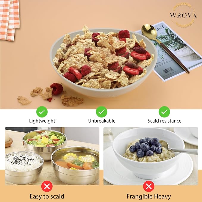 65oz Big Wheat Straw Bowls - Large Salad Bowls set of 6 - Unbreakable Serving Bowl Sets - Microwave & Dishwasher Safe Bowl Sets for Cereal,Salad,Fruit - Beige