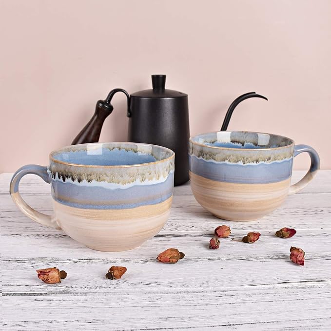 Bosmarlin Large Ceramic Coffee Mug Set of 2, Stoneware Jumbo Latte Mugs for Office and Home, 16 Oz, Dishwasher and Microwave Safe(Blue, 2)