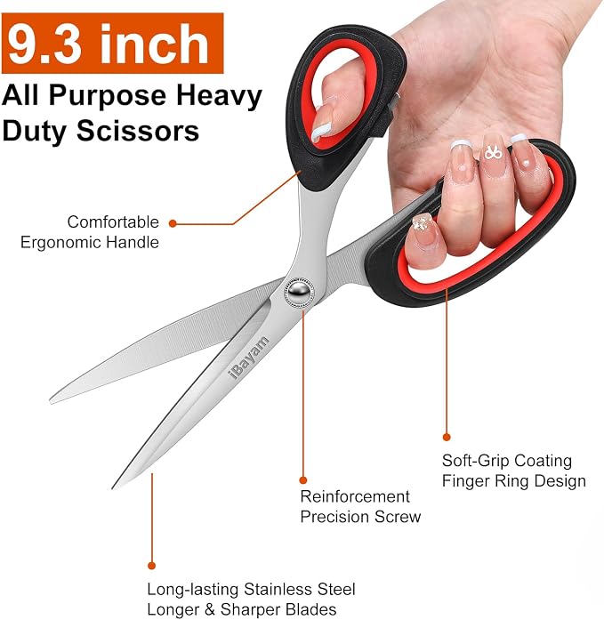iBayam Scissors All Purpose, 9.3 Inch Heavy Duty Stainless Steel Shears | Home Household Cutting Fabric Leather, Sewing Shears, Paper Box Cutter, Package Opener, Hand Cutting Tools