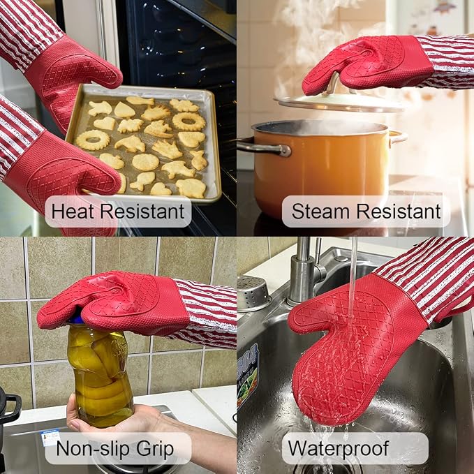 Alselo Silicone Oven Mitts Heat Resistant 932℉ with Waterproof & Non-Slip | Kitchen Mittens Set of 2,Extra Long 7.5"x15" Oven Gloves with Soft Cotton Terry Lining for Baking Cooking BBQ(Red,2)