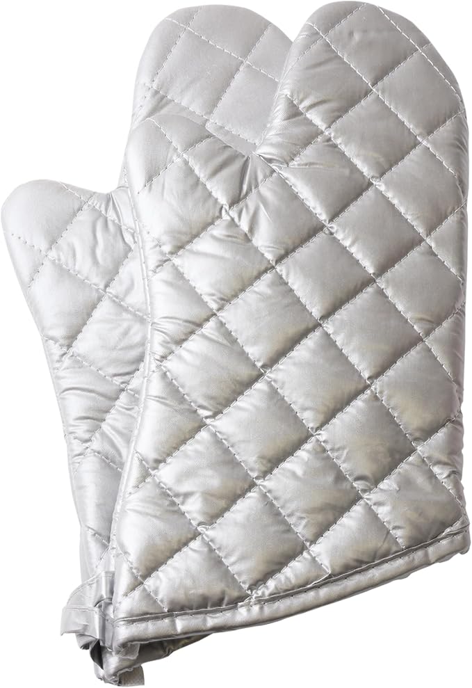 Silver 13" Quilted Oven Mitts Set of 2 Heat Resistant for Kitchen Grill | Quilted Lining, 1 Pair, Heat Resistant, Classic, Cotton Blend, Cooking, Baking, Grilling, Non-Slip Grip